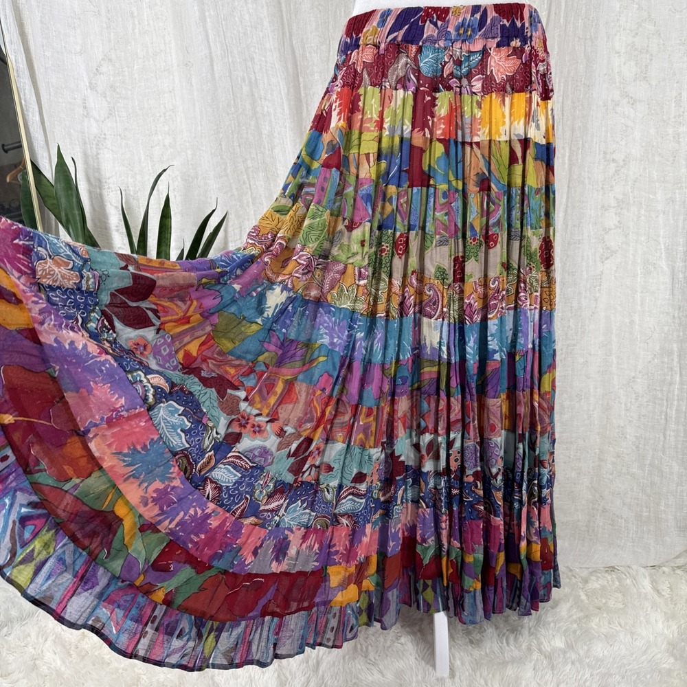 Vtg 90s Patchwork Boho Maxi Skirt L Whimsy Fairy Artsy Broomstick Tiered Teacher